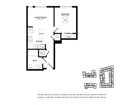 Floor plan for 1 bed, 1 bath, 577 sqft